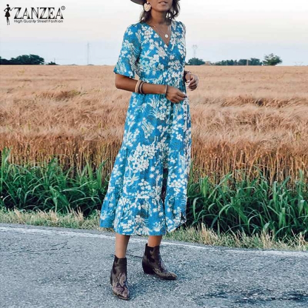 Floral print Midi Dress Elegant Lady Half Sleeve Dresses Bohemian Vestidos