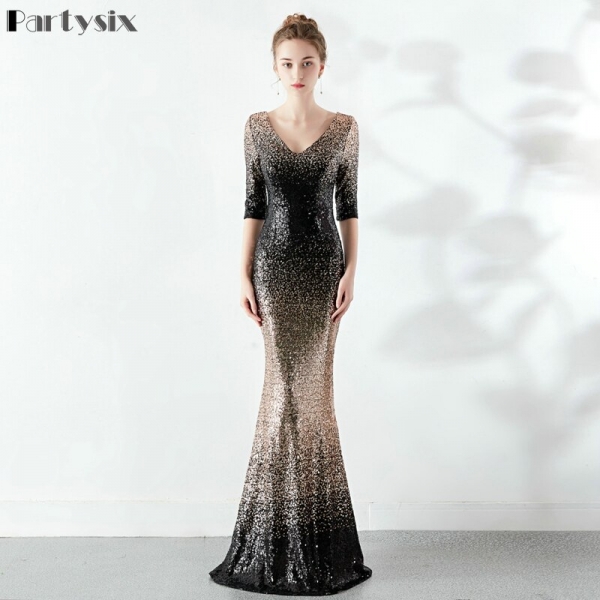 Partysix Elegant Sequins Dress Half Sleeve Evening Party Long Dress Partysix Elegant Sequins Dress Half Sleeve Evening Party Long Dress