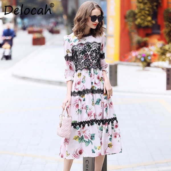 Delocah Women Spring Summer Dress Runway Fashion Designer Half Sleeve Gorgeous Lace Rose Printed Slim Knee-Length A-Line Dresses 1 Spring Summer Dress Runway Fashion Designer Half Sleeve Gorgeous