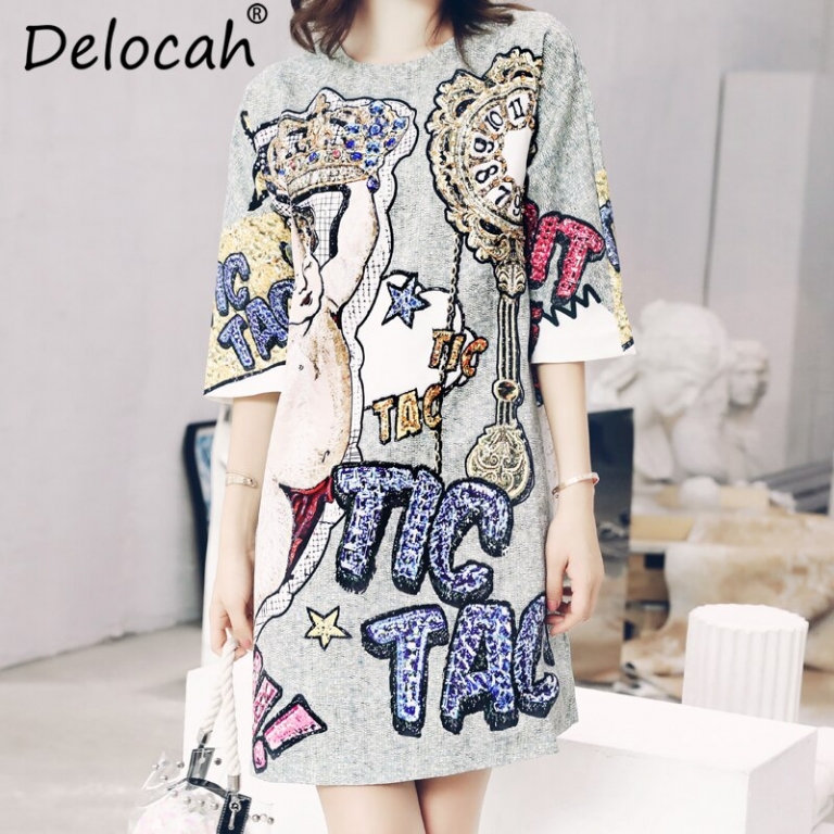 Delocah Autumn Women Dress Runway Fashion Designer Half Sleeve Gorgeous Beading Angel Letter Printed Mini Straight Dresses