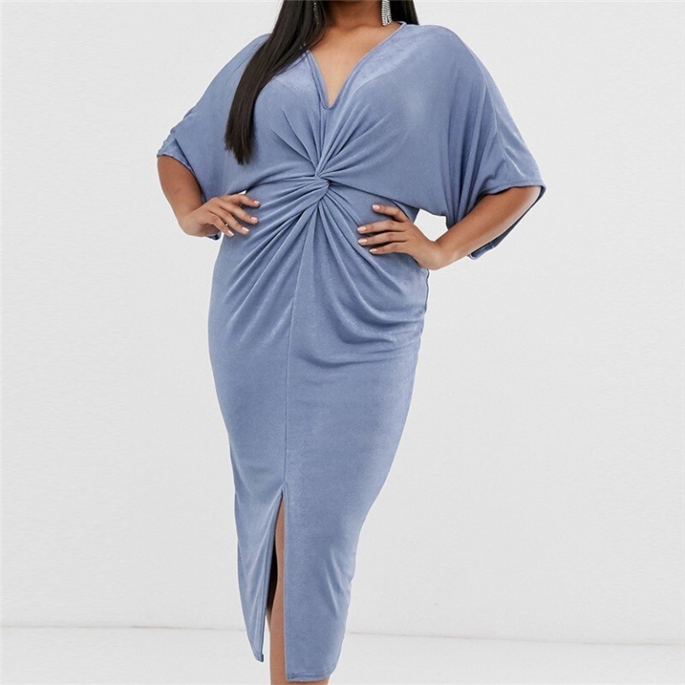 Plus Size Summer Fashion Plicated Solid Color Half Sleeve 3XL-7XL V-neck Overweight Woman Casual Sheath Dress Lady Long Dress