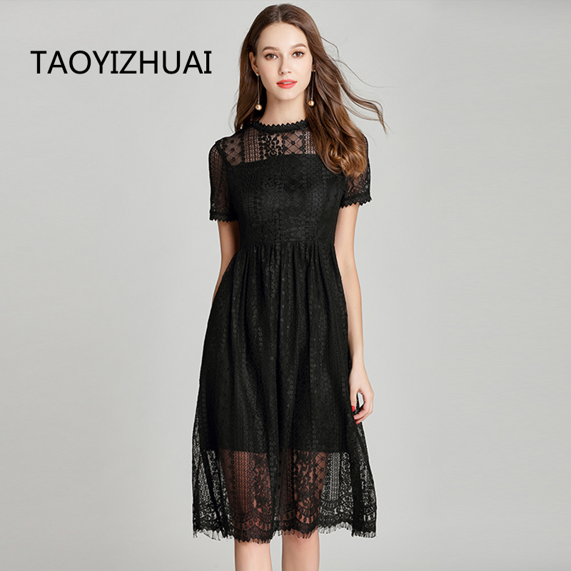 TAOYIZHUAI Summer New Arrival Black Casual Style Plus Size Patchwork Half Sleeves O Neck Elegant Lace Dress For Women 11692