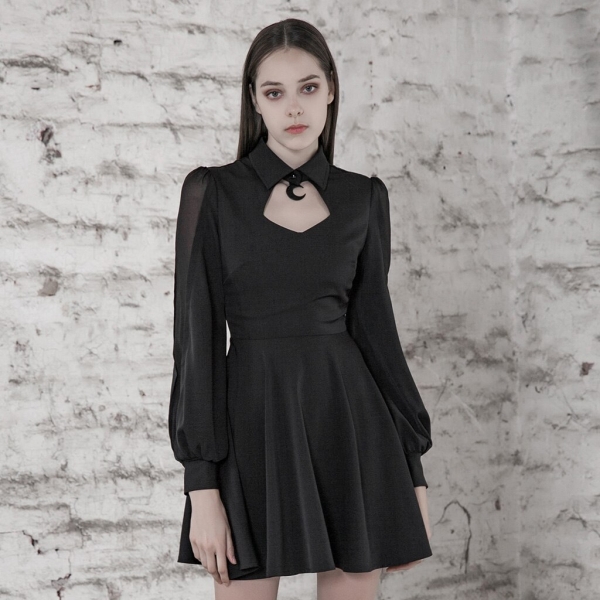 PUNK RAVE Women College Cut-out Sexy Dress Comfortable Chiffon Slim Fit High Waist Long Sleeve Half Dress 1 College Cut-out Dress Comfortable Chiffon Slim Fit High Waist Long Sleeve