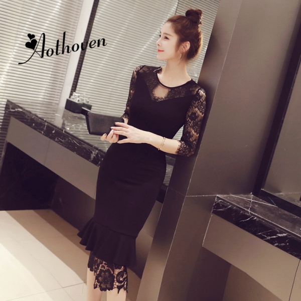 Summer Black Mermaid Dresses O Neck Half Sleeve Patchwork Lace Dress Women Office Bodycon Sexy Party Ladies Sundress Vestidos Summer Black Mermaid Dresses O Neck Half Sleeve Patchwork Lace Dress Women Office Bodycon Sexy Party Ladies Sundress Vestidos