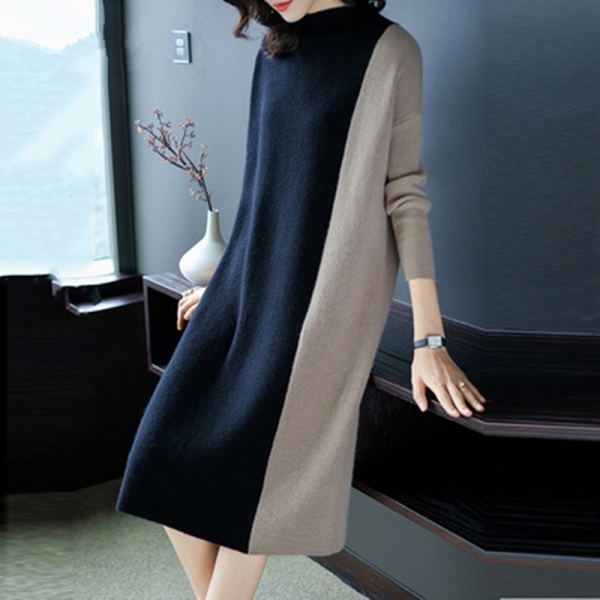 Europe Women 19 Autumn Winter Stitching Fashion Long Sleeve Dress Female Half Turtleneck Knee-Length Knitted Dress A1139 1 Autumn Winter Stitching Fashion Long Sleeve Dress Female Half Turtleneck