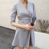 OL temperament dress simple double-breasted V-neck dress solid color