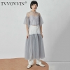 Round Neck Half Sleeve Mesh Perspective Bandage Spliced Loose Long Dress