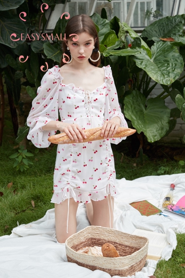 Dress Summer high-end point High Waist Cherry Drawstring Lace Ruffle