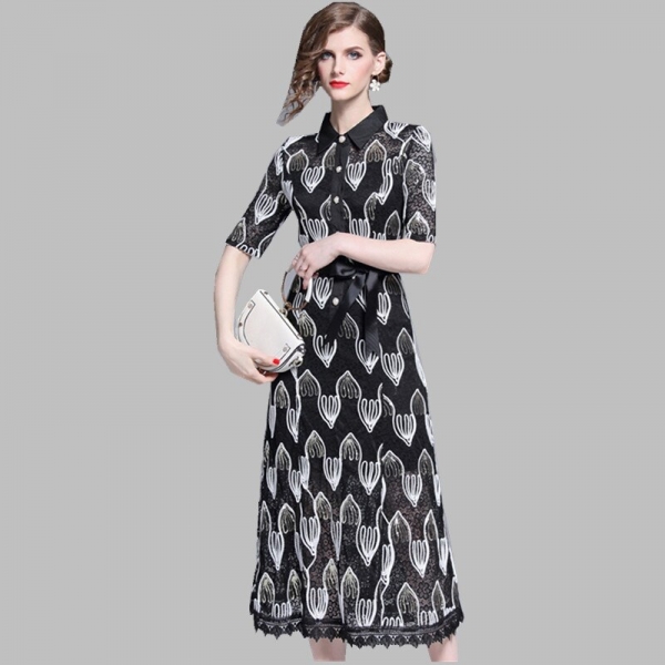 HAMALIEL Women Lace Midi Dress Luxury Summer Half Sleeve Patchwork Hollow Out Floral Dress Vintage Sequine Embroidery Long Dress