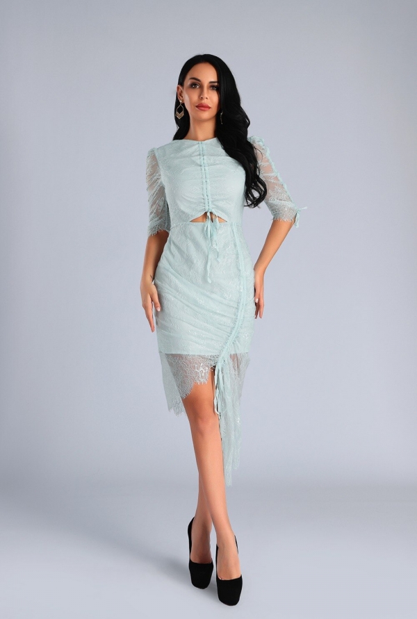High Quality Light Blue O-Neck Half Lace Sleeve Bodycon Dress Fashion Party Elegant Dress High Quality Light Blue O-Neck Half Lace Sleeve Bodycon Dress Fashion Party Elegant Dress