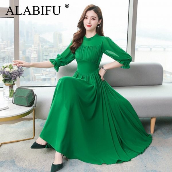 ALABIFU Summer Dress Women Elegant Chiffon Long Ball Gown Dress Fashion Slim Half Sleeve Dresses Women vestidos Plus size