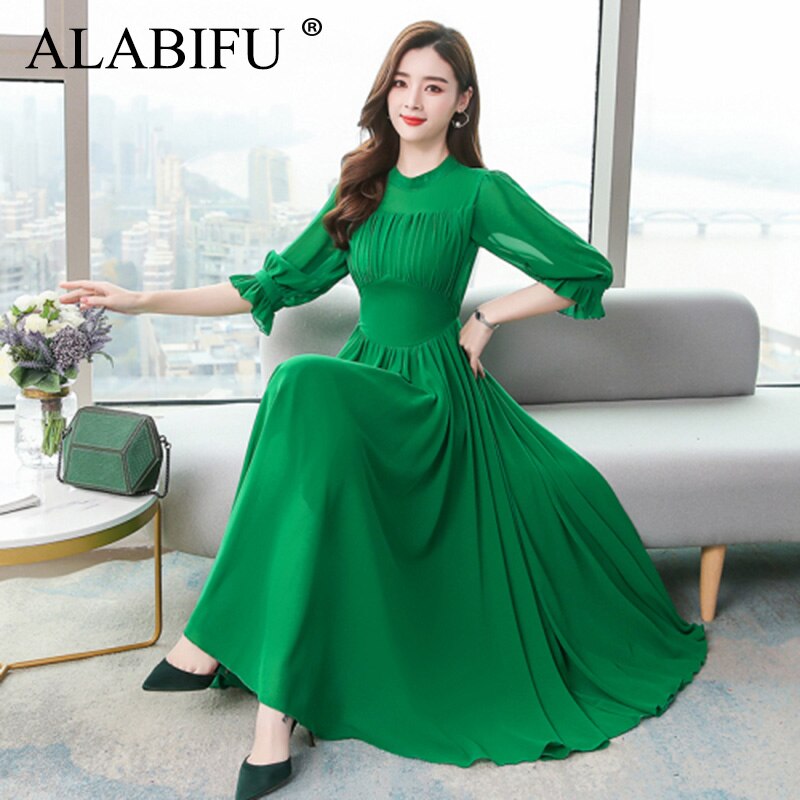 ALABIFU Summer Dress Women  Elegant Chiffon Long Ball Gown Dress Fashion Slim Half Sleeve Dresses Women vestidos Plus size