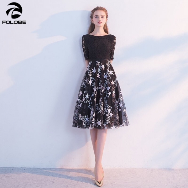 FOLOBE 19 new autumn fashion a line half sleeve black dress banquet party lace women dresses with embroidery stars FOLOBE 19 new autumn fashion a line half sleeve black dress banquet party lace women dresses with embroidery stars