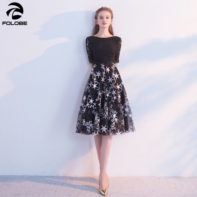 FOLOBE 19 new autumn fashion a line half sleeve black dress banquet party lace women dresses with embroidery stars