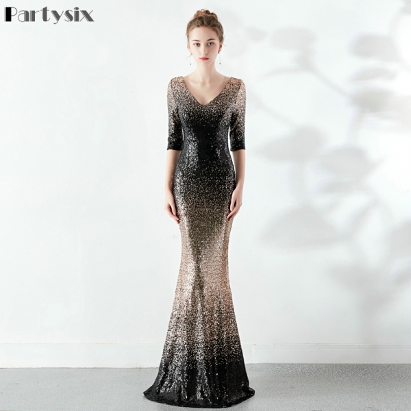 Partysix Elegant Sequins Dress Half Sleeve Evening Party Long Dress 1 Partysix Elegant Sequins Dress – Stunning Half Sleeve Evening Party Long Dress