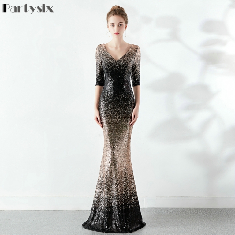 Partysix Elegant Sequins Dress Half Sleeve Evening Party Long Dress ...