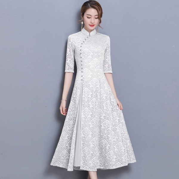 19 new vintage Lace Long dress women Summer Chinese Style A-Line dress Solid color Half sleeve Ankle-Length dress women 19 new vintage Lace Long dress women Summer Chinese Style A-Line dress Solid color Half sleeve Ankle-Length dress women