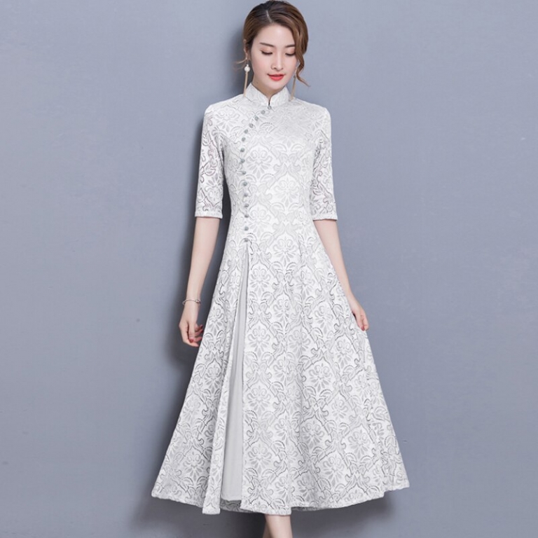 19 new vintage Lace Long dress women Summer Chinese Style A-Line dress Solid color Half sleeve Ankle-Length dress women