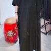 Miyake fold solid dress half sleeve o-neck loose Dress side buttons