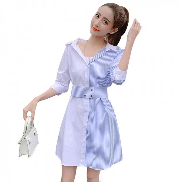 Stripe Patchwork Fashion Shirt Dress Women Summer Elbise New Dress Shirt V neck Half Sleeve Dresses Casual Korean Vestidos f359 1 Dress Shirt V neck Half Sleeve Dresses Casual Korean