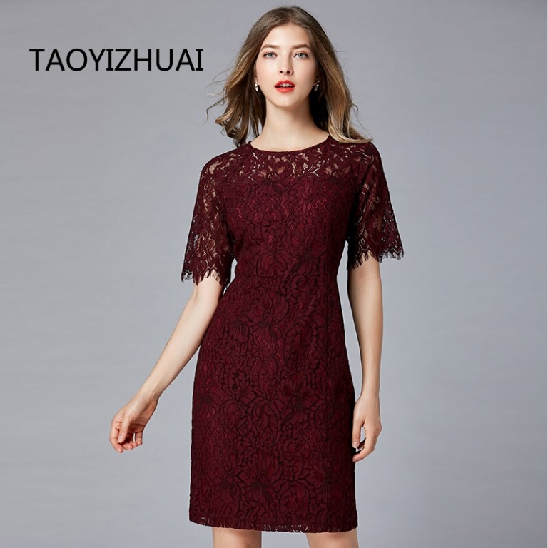 TAOYIZHUAI New Arrival Summer Straight Half Flare Sleeves Knee-Length Vintage O-Neck Elegant Party Lace Women Dress 11700