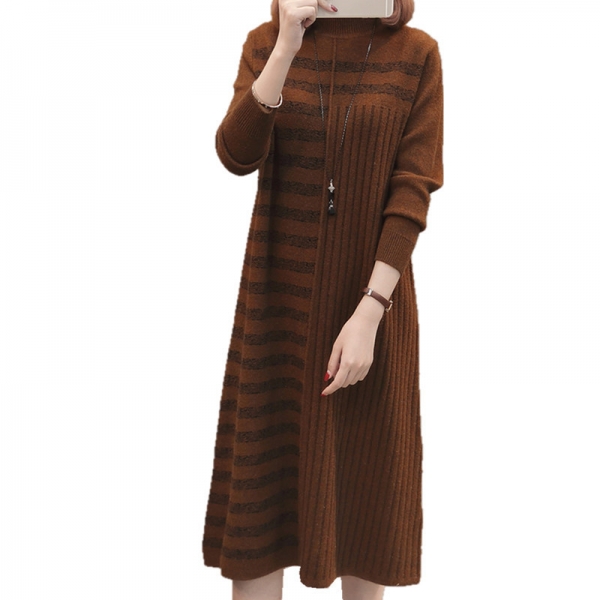 19 Women Autumn Winter Half Turtleneck Pullover Knitted Sweater Dress Female Elegant Loose Long Sleeve Striped Pull Knit Dress 1 Half Turtleneck Pullover Knitted Sweater Dress Female Elegant Loose
