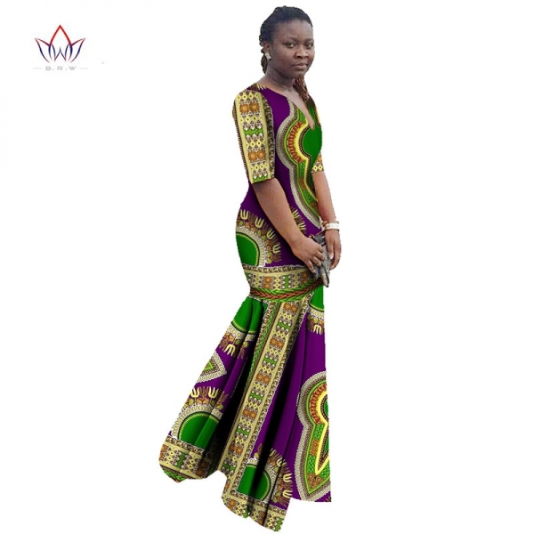 Plus Size Dashiki African Print Clothing Half Sleeve Mermaid Dress Maxi Dress