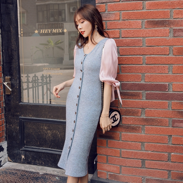 YIGELILA Autumn Patchwok Half Sleeves Dress V-neck Single-breasted Long Dress Lantern Sleeves Mid Calf Sheath Dress 65317 1 Half Sleeves Dress V-neck Single-breasted Long Dress Lantern Sleeves