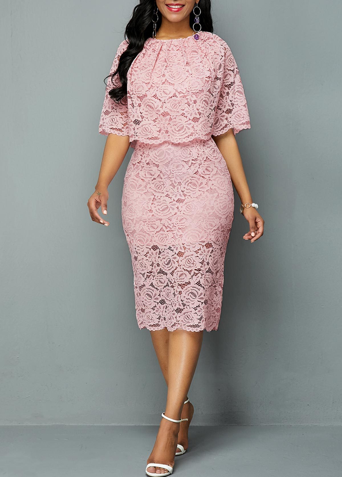 Large Size Dress Round Neck Lace Cutout Dress Female Elegant Five-point Sleeves Slim Party Large Size Dress Female Vestidos 5xl