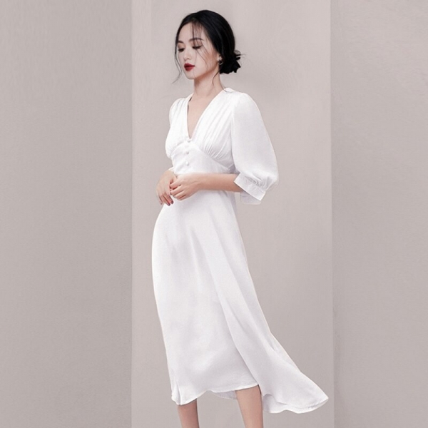 Fashion Women White Vestidos Summer Chiffon Half Sleeve Office Lady Long Dress Vintage Sexy V Neck High Waist Slim Party Dress
