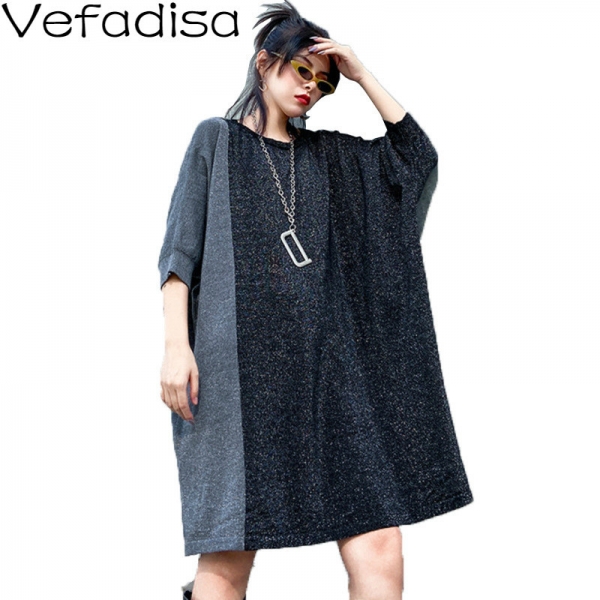O-Neck Half Sleeve Dress Women Spring Bright Silk Knitting Dress
