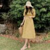 Women Cotton plaid yellow Linen OL Casual half Sleeve Dress