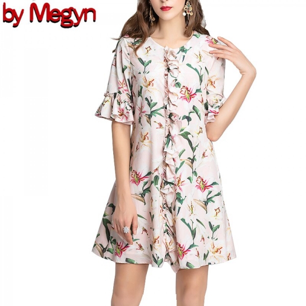 by Megyn 19 runway fashion women loose floral print half sleeve O-neck summer dress good quality 2XL plus size платье летнее 1 Loose floral print half sleeve O-neck summer dress good quality 2XL