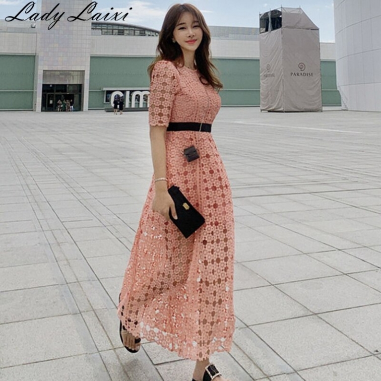 High Quality Runway pink Lace Dress 19 Autumn Women Half Sleeve O-Neck Hollow Out Crochet Slim Prom Office Party Long Dress