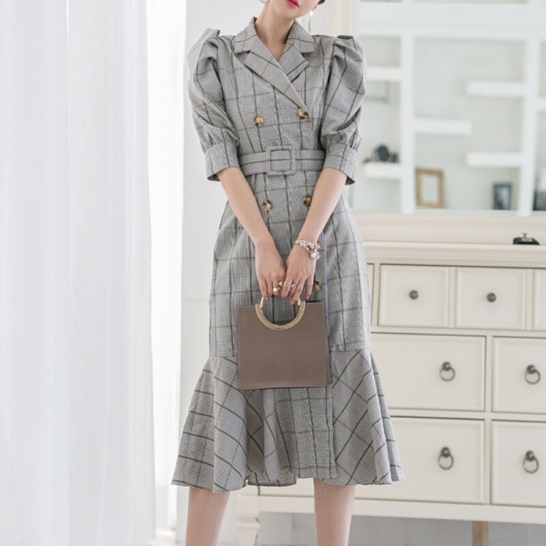 Double-breasted Suit Collar Plaid Dress Women Summer Half Sleeve Sashes
