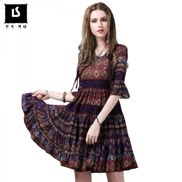 Fashion Printed Summer Chiffon Dress Vintage Half Sleeve Stitching Party Sexy Dress Women Beach Speaker sleeves Dresses vestido