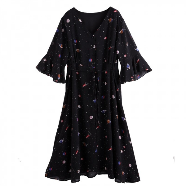 TwoHexa Summer Women Flare Half Sleeves Dress Women V-neck Chiffon Print Sexy Dress Female Plus size 4XL 5XL 6XL 7XL 8XL 9XL 10X