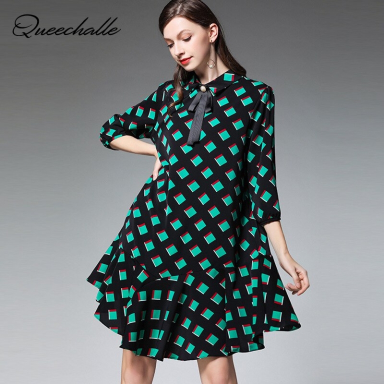 XL - 4XL Plus Size Chiffon Dress 19 Summer Dress Women Green Plaid Print Half Sleeve Loose Dress Elegant Ruffles Midi Dresses