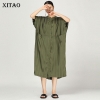 Collar Half Sleeve Loose Dress Female Patchwork Striped Pocket