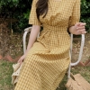 Women Cotton plaid yellow Linen OL Casual half Sleeve Dress