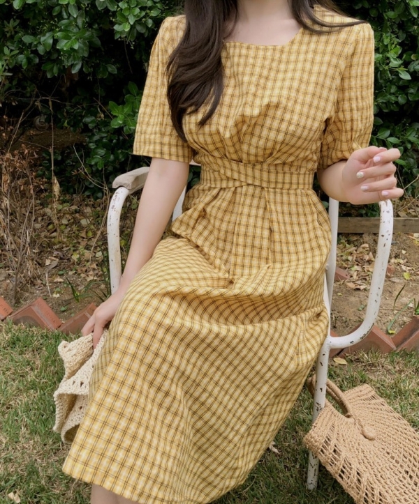 new Summer Dress Women Cotton Linen OL Casual half Sleeve Dresses Female Dress o neck plaid yellow dress Boho Robe Femme Vestido 1 Women Cotton plaid yellow Linen OL Casual half Sleeve Dress