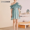 Blue Casual Solid Ruffles Women Dress Off Shoulder Half Sleeve High Waist