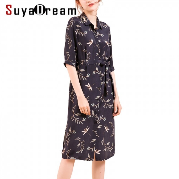 Women Silk dress 23mm 100% Real silk Printed Knee length Heavy Silk Crepe Half sleeved Dresses for Women 18 Fall Winter New 1 Silk dress 23mm 100% Real silk Printed Knee length Heavy Silk Crepe