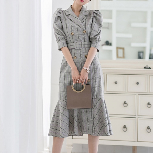 Vintage Double-breasted Suit Collar Plaid Dress Women Summer Half Sleeve Sashes Dresses Elegant Office Ladies Dresses vestidos