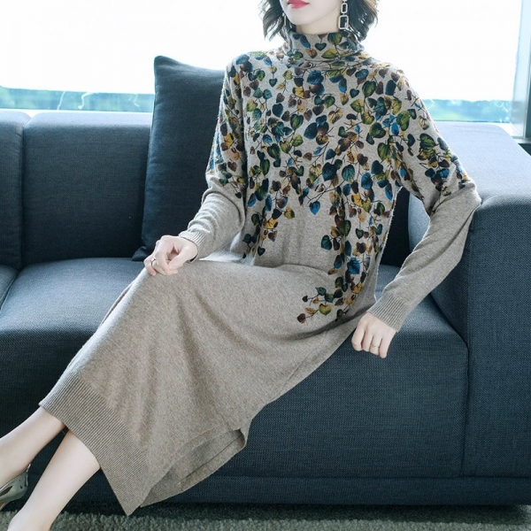 New Women Sweater Dress Half Turtleneck Long Sleeve Print Knitting Dress High Quality Female Straight Winter Knitted Dresses 1 Sweater Dress Half Turtleneck Long Sleeve Print Knitting Dress High Quality
