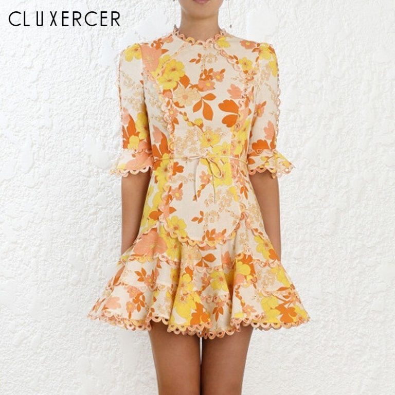 19 New Summer Yellow Print Flower Half Sleeve Mini Dresses For Women Sexy Hollow Out Bodycon Casual Beach Dress