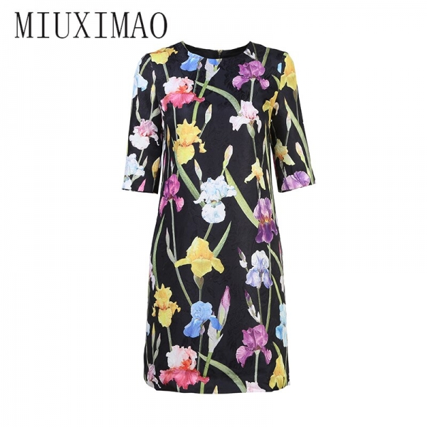 18 Autumn New Arrival Europe Style O-Neck Half Sleeve Straight Flower Pattern Print Knee-Length Elegant Dress Women