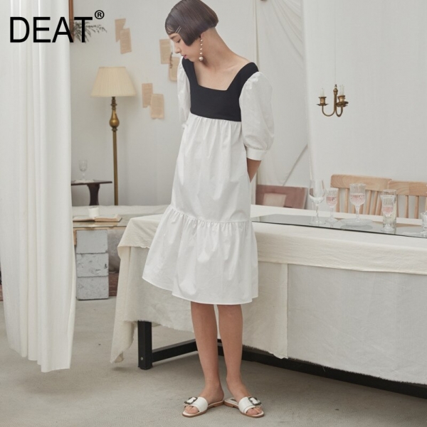 DEAT 19 new summer fashion women clothes White contrast colors Black Square collar half sleeves dress WF15300L Stylish DEAT Summer Fashion Women's Contrast Color Dress with Square Collar, perfect for casual and semi-formal summer events.