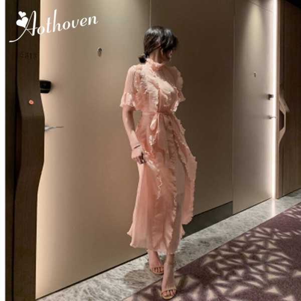Summer High-end Women Dresses Stand-up Collar Half Sleeve Ruffles Dress woman Bandage Sexy Party Dress Ladies Elegant Vestidos