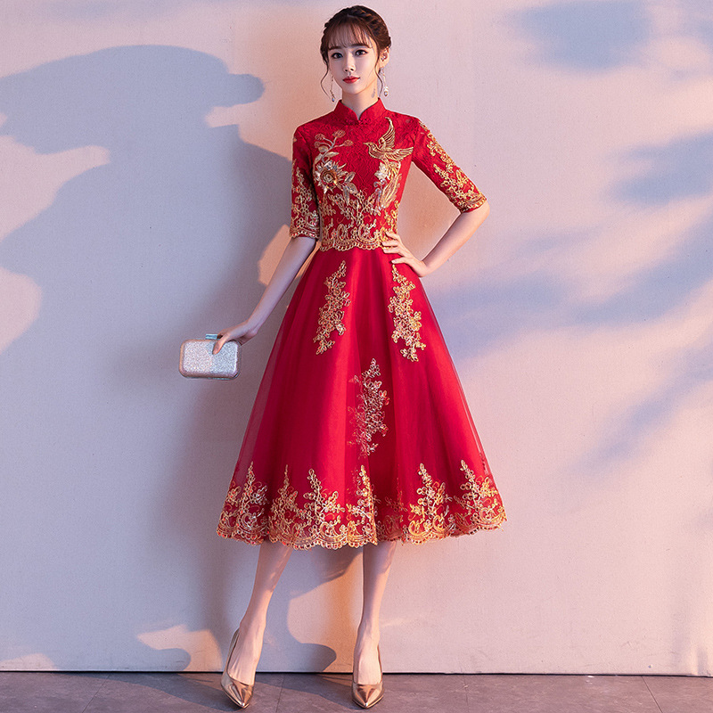 Red Womens Halter Half Sleeve Party Dress Chinese Style Lace Cheongsam Wedding Elegant Prom Maxi Qipao Long Gown Vestido XS-XXL 1